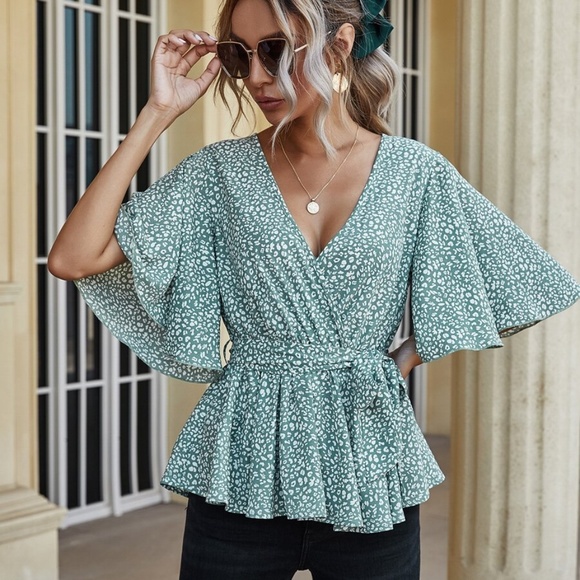 Sage v neck dalmatian dot belted ruffle blouse - Picture 4 of 4